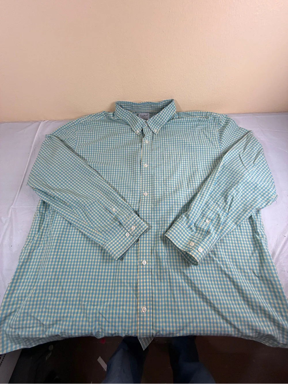 L.L. Bean Yellow and Blue Gingham Button-Down Shirt‎